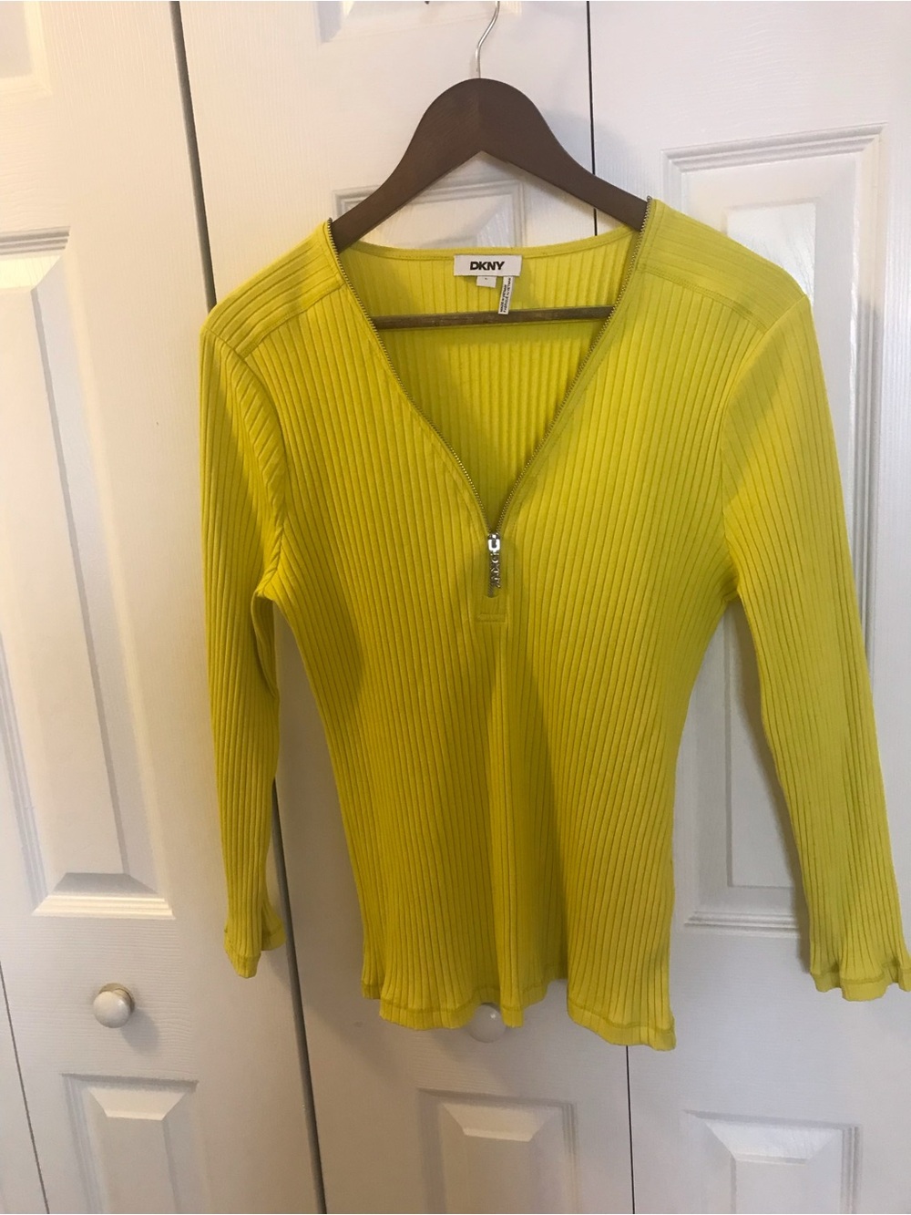 DKNY Lemon Yellow Ribbed Zip-Front Long Sleeve Tee